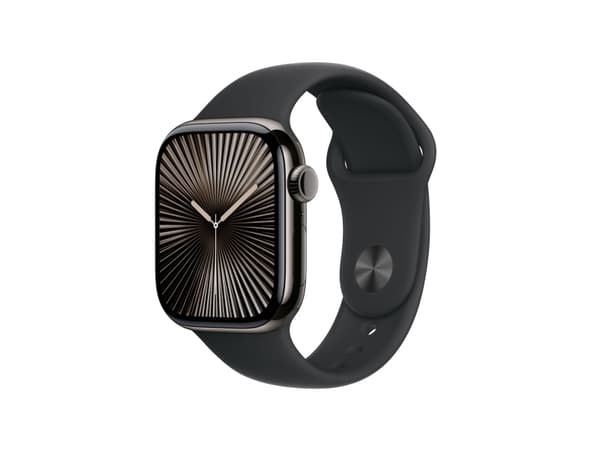 Apple Watch Series 10 (GPS + Cellular) - 42 mm - skiffer titan - smart klocka med sportband - fluoroelastomer - svart - bandstorlek: S/M - 64 GB - LT