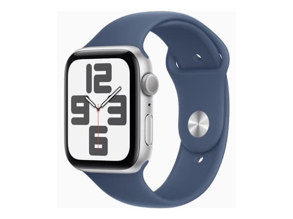 Apple Watch SE GPS 44mm Silver Aluminium Case with Denim Sport Band - S/M, OLED, Touchscreen, 32 GB, Wi-Fi, GPS (satellite), 32.9 g