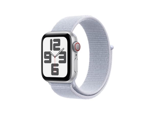 Apple Watch SE (GPS + Cellular) - 2. generasjon - 40 mm - sølvaluminium - smartklokke med sportssløyfe - myk dobbeltlagsnylon - blå sky - håndleddstø
