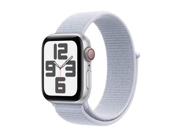 Apple Watch SE (GPS + Cellular) - 2. generasjon - 40 mm - sølvaluminium - smartklokke med sportssløyfe - myk dobbeltlagsnylon - blå sky - håndleddstø