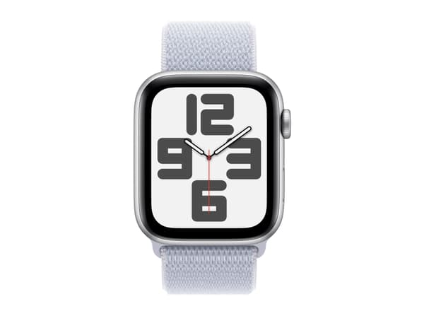 Apple Watch SE (GPS) - 2. generasjon - 44 mm - sølvaluminium - smartklokke med sportssløyfe - myk dobbeltlagsnylon - blå sky - håndleddstørrelse: 130