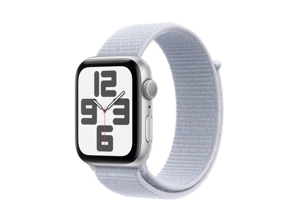 Apple Watch SE (GPS) - 2. generasjon - 44 mm - sølvaluminium - smartklokke med sportssløyfe - myk dobbeltlagsnylon - blå sky - håndleddstørrelse: 130