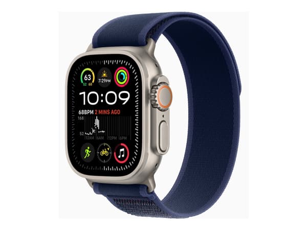 Apple Watch Ultra 2 - 49 mm - naturlig titan - smart klocka med Trail Loop - nylonväv - blå - bandstorlek: M/L - 64 GB - LTE, Wi-Fi 4, UWB, Bluetooth