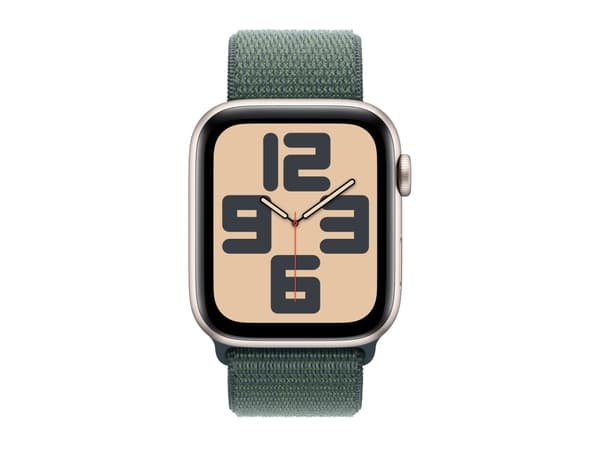 Apple Watch SE (GPS) - 2. generasjon - 44 mm - stjernelysaluminium - smartklokke med sportssløyfe - myk dobbeltlagsnylon - innsjø grønn - håndleddstø