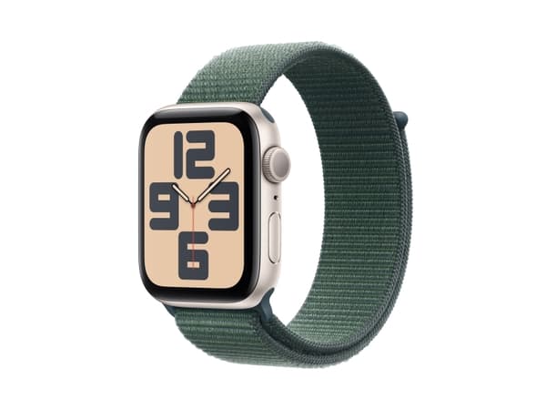 Apple Watch SE (GPS) - 2. generasjon - 44 mm - stjernelysaluminium - smartklokke med sportssløyfe - myk dobbeltlagsnylon - innsjø grønn - håndleddstø
