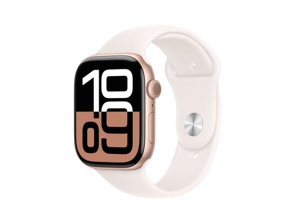 Apple Watch Series 10 (GPS) - 46 mm - guldrosa aluminium - smart klocka med sportband - fluoroelastomer - lätt rouge - bandstorlek: M/L - 64 GB - Wi-