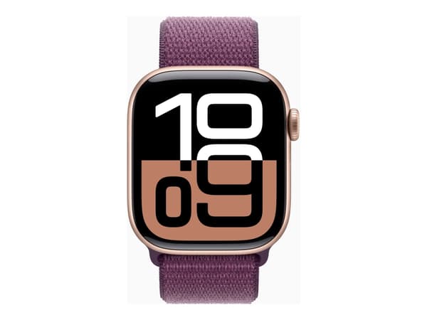Apple Watch Series 10 (GPS + Cellular) - 42 mm - rosegull aluminium - smartklokke med sportssløyfe - myk dobbeltlagsnylon - plomme - håndleddstørrels
