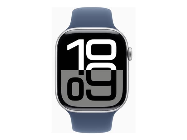 Apple Watch Series 10 (GPS) - 46 mm - sølvaluminium - smartklokke med sportsbånd - fluorelastomer - denim - båndbredde: S/M - 64 GB - Wi-Fi 4, UWB, B