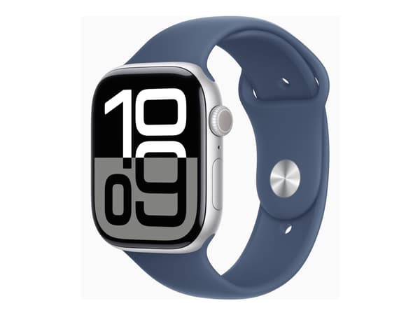 Apple Watch Series 10 (GPS) - 46 mm - sølvaluminium - smartklokke med sportsbånd - fluorelastomer - denim - båndbredde: S/M - 64 GB - Wi-Fi 4, UWB, B