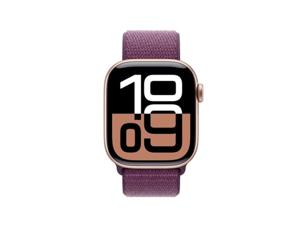 Apple Watch Series 10 (GPS) - 42 mm - rosegull aluminium - smartklokke med sportssløyfe - myk dobbeltlagsnylon - plomme - håndleddstørrelse: 130-200