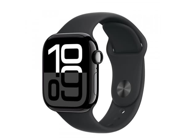 Apple Watch Series 10 GPS + Cellular 42mm Jet Black Aluminium Case with Black Sport Band - S/M, OLED, Touchscreen, 64 GB, Wi-Fi, GPS (satellite), 29.