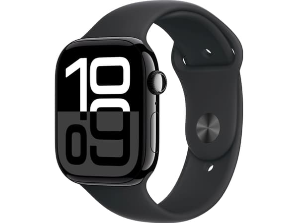 Apple Watch Series 10 GPS + Cellular 42mm Jet Black Aluminium Case with Black Sport Band - S/M, OLED, Touchscreen, 64 GB, Wi-Fi, GPS (satellite), 29.