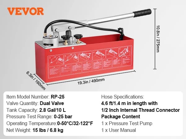 Hydrostatisk Testpumpe, Dobbeltventilsystem, 2,8 Gallon Kapacitet,Dual Valve 2.8Gal