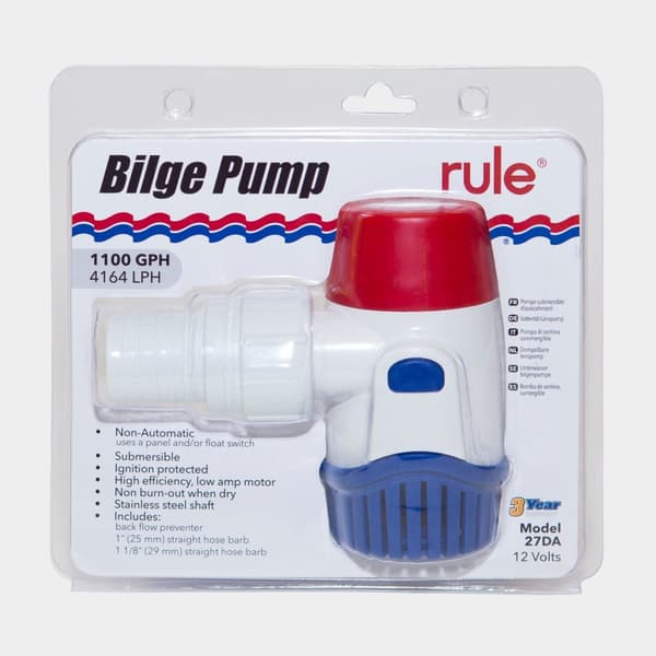 Dränkbar elektrisk länspump Rule 1100 GPH (69 liter / minut), 12 V, manuell driftstart, utan nivåvakt