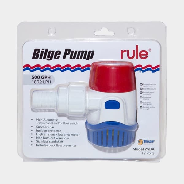 Dränkbar elektrisk länspump Rule 500 GPH (31 liter / minut), 12 V, manuell driftstart, utan nivåvakt
