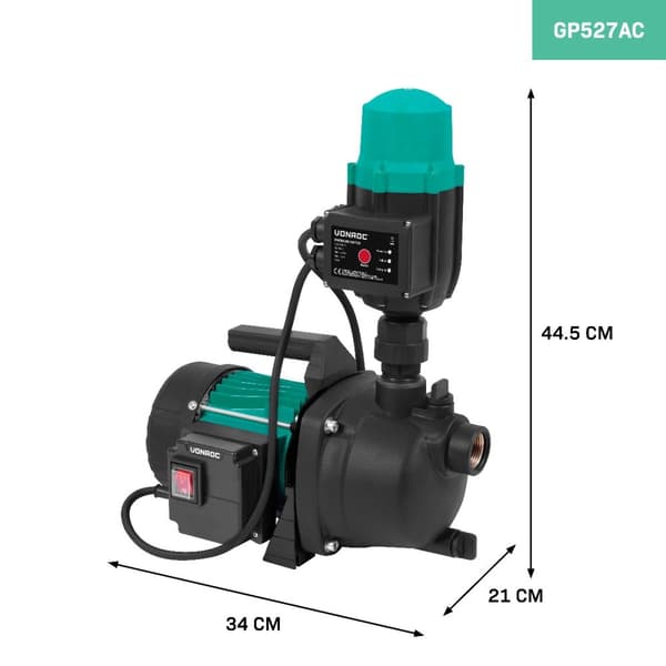 VONROC Hydroforpump Automatisk 800W – Självsugande Pump 3300L/h, Tryckvakt & Torrkörningsskydd, För Trädgård & Hushåll