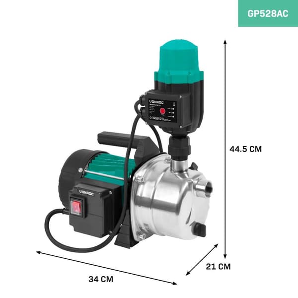 VONROC Hydroforpump 1000W – Automatisk Pump med Tryckvakt och Torrkörningsskydd – 3500 l/h – För Bevattning och Vattentryck