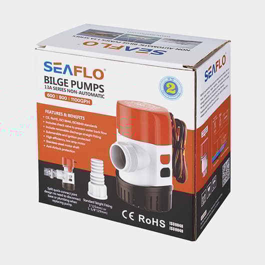 Dränkbar elektrisk länspump SEAFLO 13A-600 GPH (37 liter / minut), 12V, manuell driftstart, utan nivåvakt