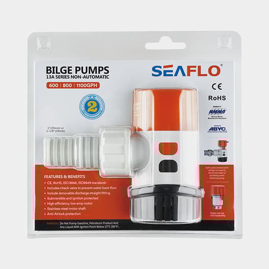 Dränkbar elektrisk länspump SEAFLO 13A-600 GPH (37 liter / minut), 12V, manuell driftstart, utan nivåvakt