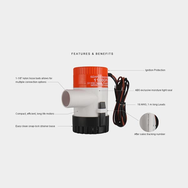 Dränkbar elektrisk länspump SEAFLO 01-1100 GPH (69 liter / minut), 12V, manuell driftstart, utan nivåvakt