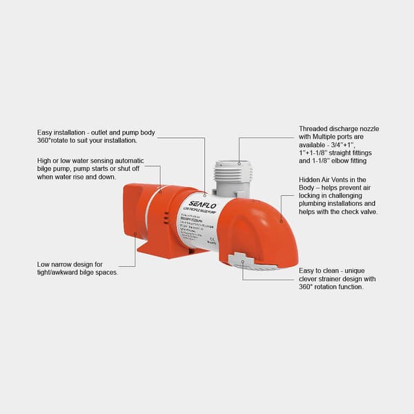 Dränkbar elektrisk länspump SEAFLO 14A-1100 GPH (69 liter / minut), 12V, automatisk driftstart, med nivåvakt