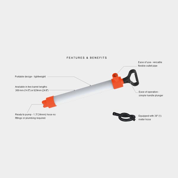 Handlänspump / manuell länspump SEAFLO Piston Hand Pump White / Orange, 74 cm, 21 liter / minut (0.35 liter / slag) + 1 meter x Ø34 mm slang