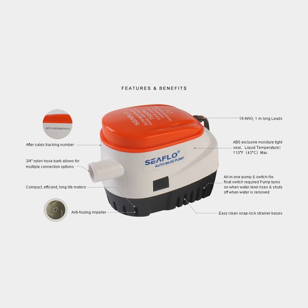 Dränkbar elektrisk länspump SEAFLO 06-600 GPH (37 liter / minut), 12V, automatisk driftstart, med nivåvakt