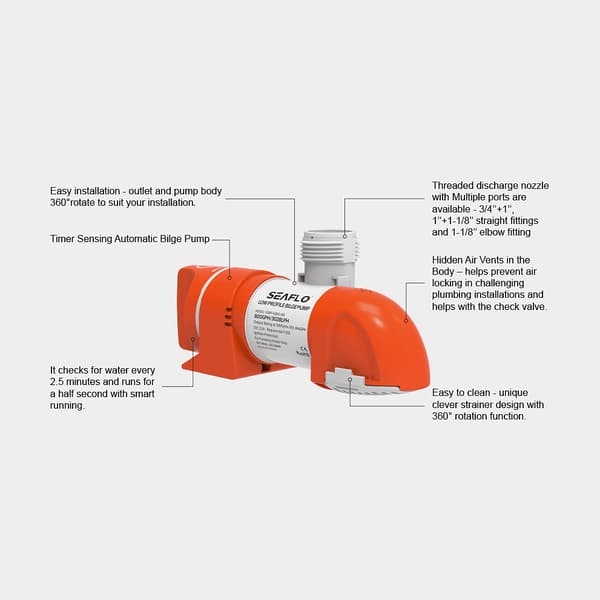 Dränkbar elektrisk länspump SEAFLO 14B-800 GPH (50 liter / minut), 12V, automatisk driftstart, utan nivåvakt