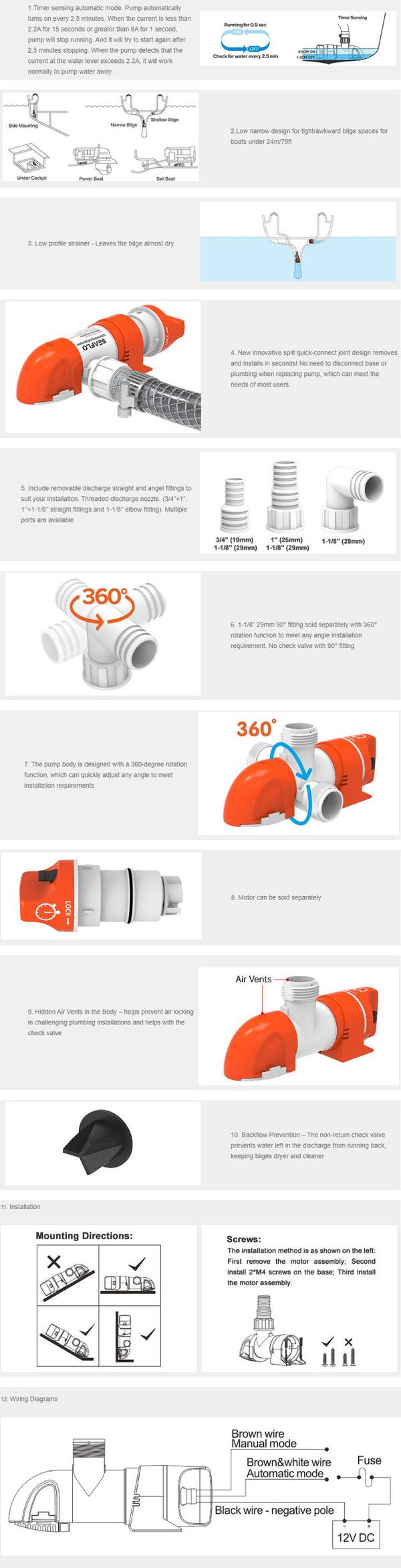 Dränkbar elektrisk länspump SEAFLO 14B-800 GPH (50 liter / minut), 12V, automatisk driftstart, utan nivåvakt