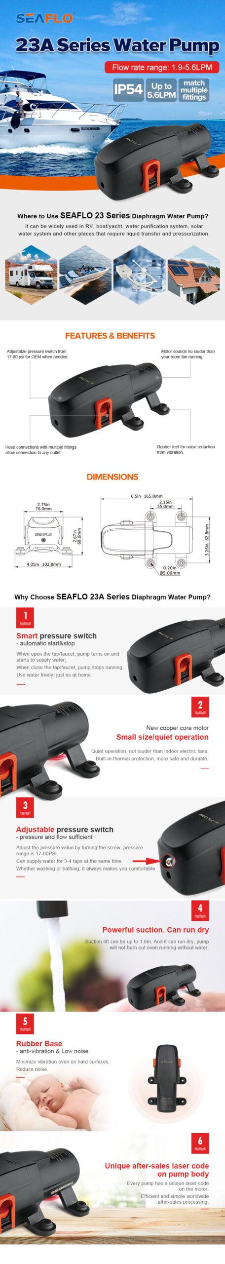 Elektrisk pentrypump SEAFLO 23A, 12 V, 5.6 l/min, 2.8 bar, 3/8" (10 mm) slang