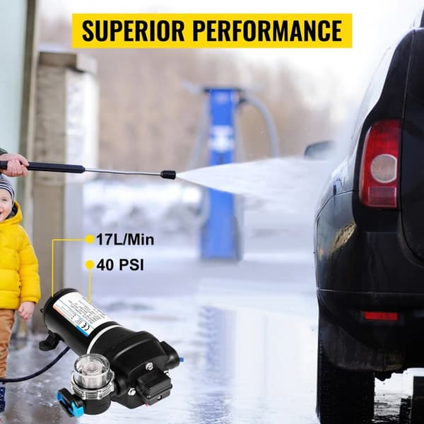 12V 17 L/min 40PSI membran vattenpump med inbyggt termiskt skydd, enastående prestanda, säker och pålitlig, lätt att montera
