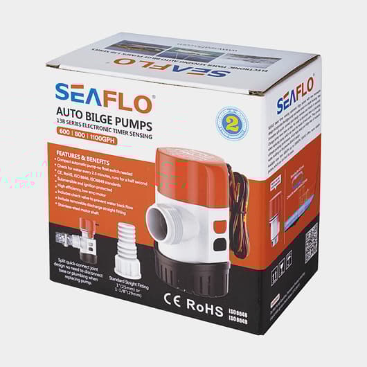 Dränkbar elektrisk länspump SEAFLO 13B-800 GPH (50 liter / minut), 24V, automatisk driftstart, utan nivåvakt