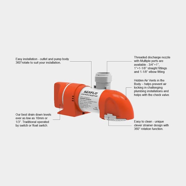 Dränkbar elektrisk länspump SEAFLO 14C-800 GPH (50 liter / minut), 24V, manuell driftstart, utan nivåvakt