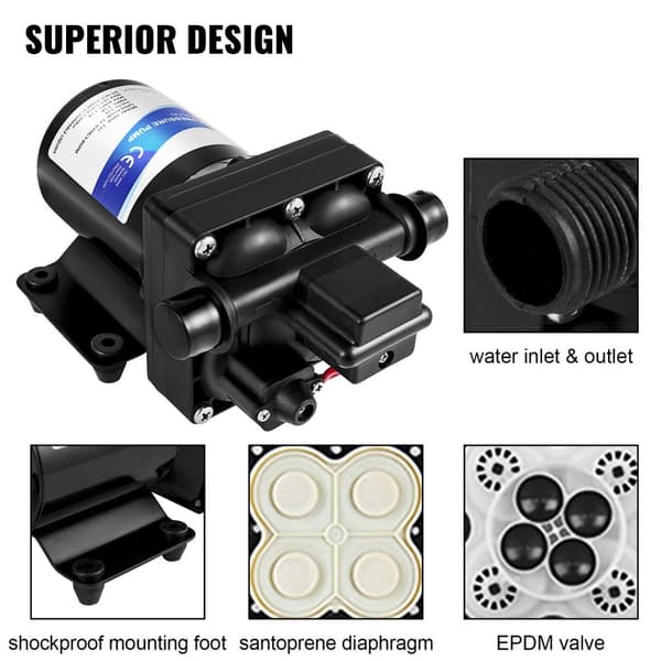 4 GPM 12V vattenmembranpump med inbyggd backventil och termiskt skydd, 1/2" NPT inlopp/utlopp, avtagbart filter, lätt och bärbar