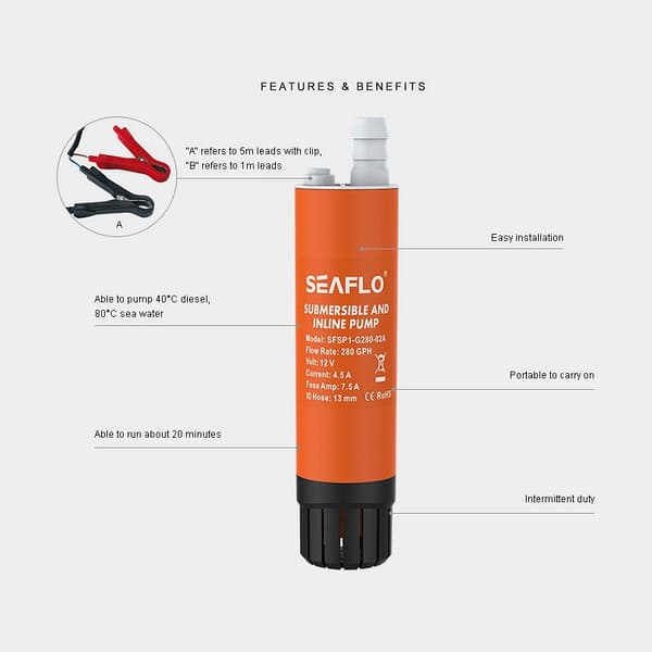 Dränkbar elektrisk pentrypump SEAFLO Submersible and Inline Pump, 12 V, 17 l/min, 1/2" (13 mm) slang + krokodilklämmor (5 meter kabel)