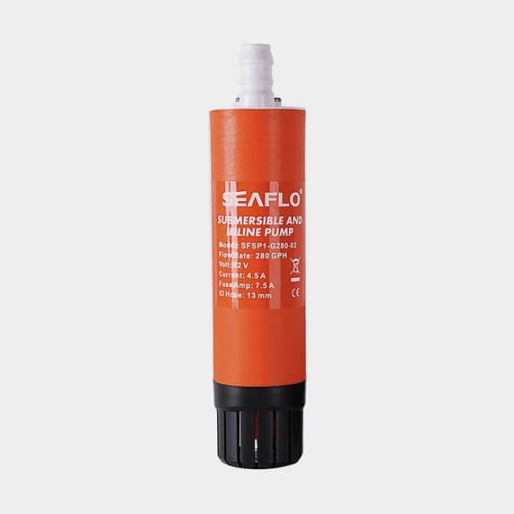 Dränkbar elektrisk pentrypump SEAFLO Submersible and Inline Pump, 12 V, 17 l/min, 1/2" (13 mm) slang + krokodilklämmor (5 meter kabel)