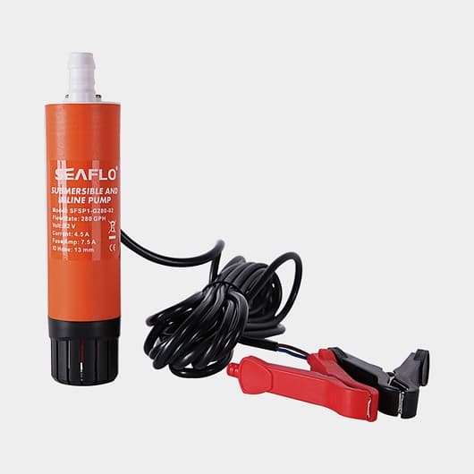 Dränkbar elektrisk pentrypump SEAFLO Submersible and Inline Pump, 12 V, 17 l/min, 1/2" (13 mm) slang + krokodilklämmor (5 meter kabel)