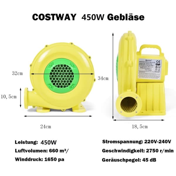 Blåser 450W elektrisk vifteluftblåser for oppblåsbare leker