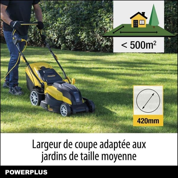 POWERPLUS POWXG6281 elektrisk gräsklippare - 2000W, 420mm Ø, Uppsamling, Mulching, Bakutkast