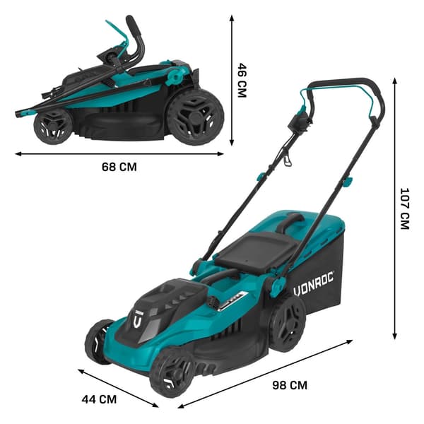 VONROC Gräsklippare 1600W – 38 cm – 5 Klipphöjder – 42L Uppsamlare – För kraftigt gräs – LM506AC