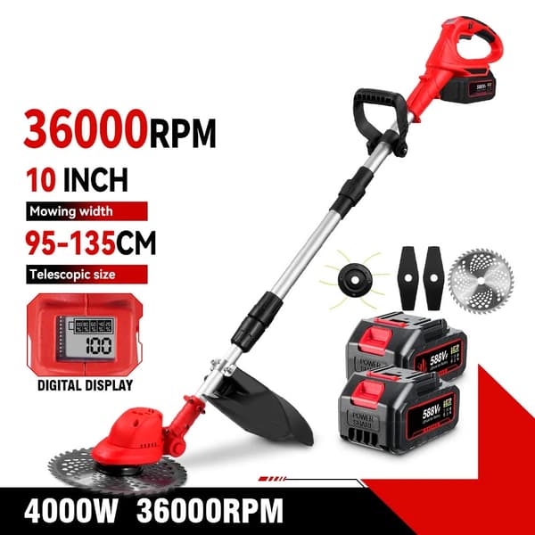 4000W 36000 RPM hopfällbar elektrisk gräsklippare med 3 knivar, sladdlös borstlös grästrimmer med 2 batterier