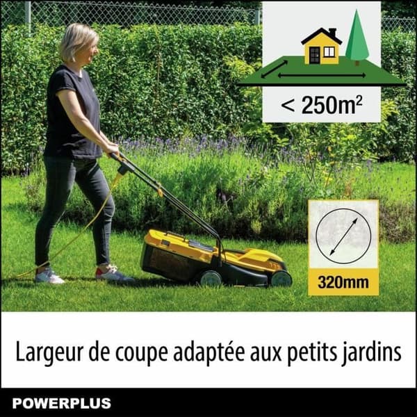 Elmotorgräsklippare - POWERPLUS - POWEG62203 - 1000 W - 320 mm Ø - Med uppsamling och bakutkast