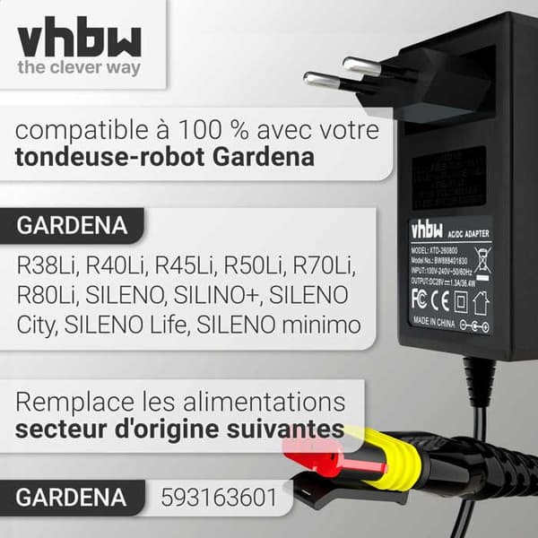 vhbw strömadapter kompatibel med Husqvarna Automower 105, 310, 315, 315X, 305, 310 Mark II, 315 Mark II gräsklippare,