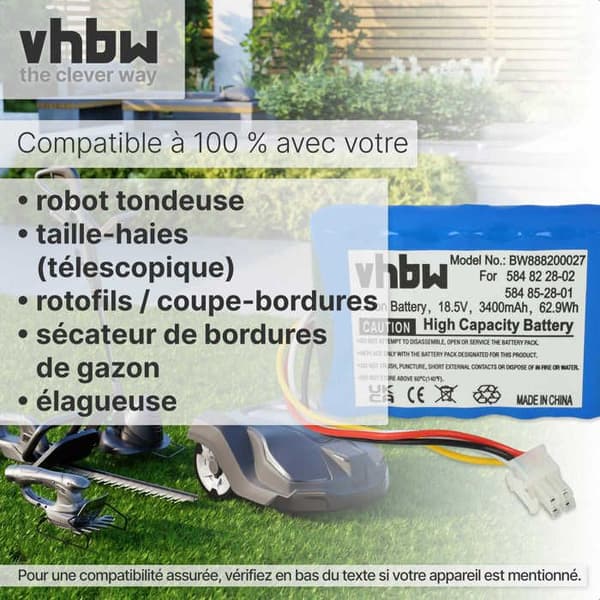 vhbw Batteri Robot gräsklippare kompatibel med Husqvarna Automower 310, Husqvarna Automower 315 - (3400mAh, 18,5V, Li-Ion)