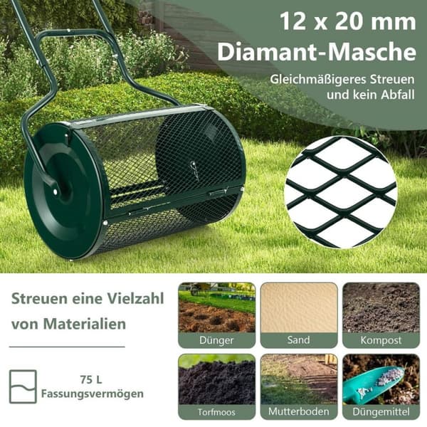 68 cm bred kompostspreder med forbedrede sidestenger og U-formet håndtak, grønt