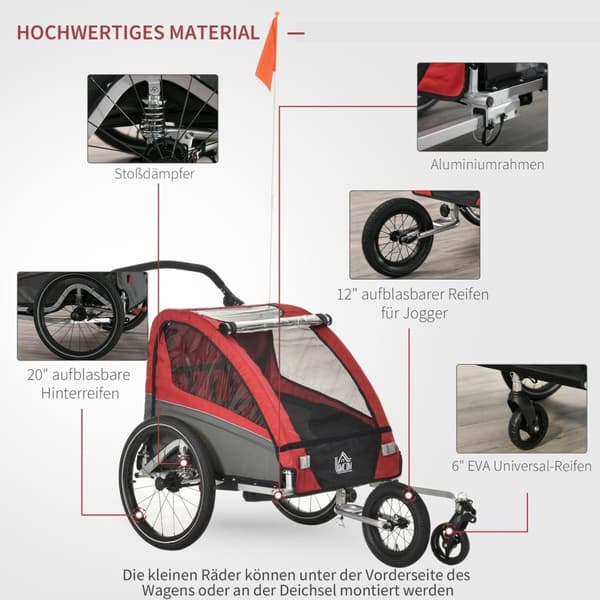 Rootz 3 in 1 Kindertrailer - Rod - Aluminium, - 41, 73 cm x 34, 64 cm x 40, 15 cm