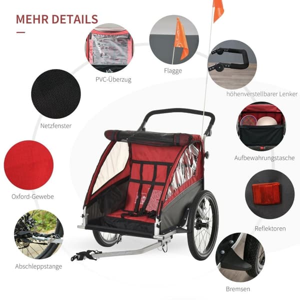 Rootz 3 in 1 Kindertrailer - Rod - Aluminium, - 41, 73 cm x 34, 64 cm x 40, 15 cm