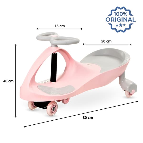 Ajettava lapsille 3+, TwistCar-leluauto, Taaperoauto, Twist-auto ohjauspyörällä, Kumipyörät, Kantavuus jopa 120 kg, Vaaleanpunainen LED
