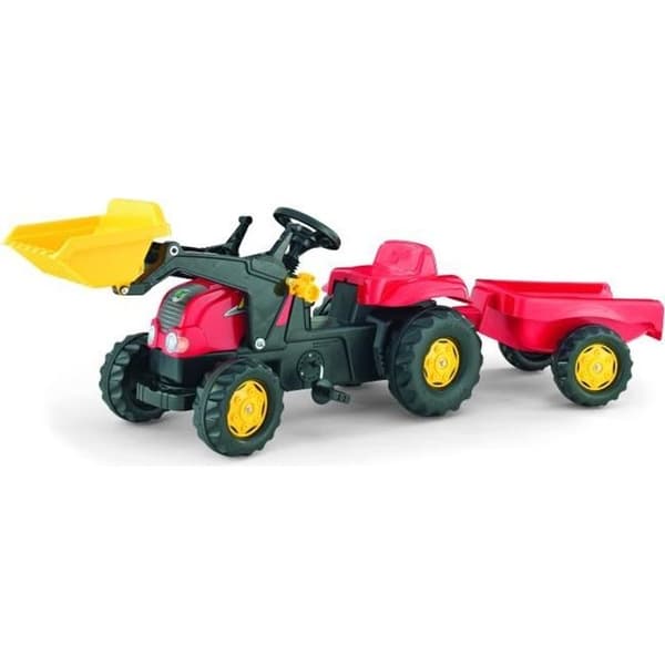 Rolly Kid X röd barnpedaltraktor med släp och främre spade - Rolly Toys