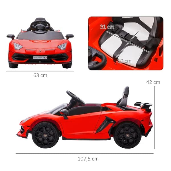 Rootz elektrisk barnbil - Barnbil - Licensierad Lamborghini Aventador - Gullwing-dörrar - Musik - Horn - för 3-5 år - Röd - 107,5 cm x 63 cm x 42 cm